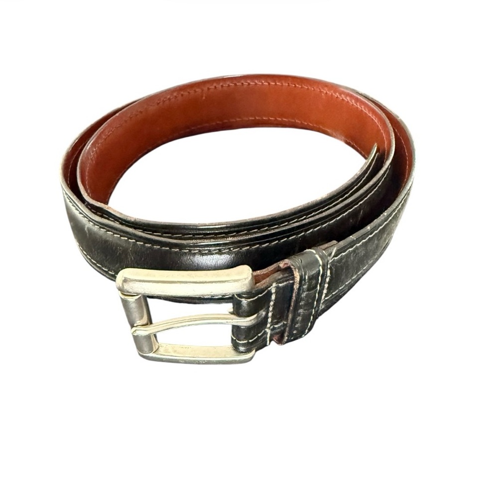 Coach Black and Brown Leather Belt with Silver Steel Roller  Buckle